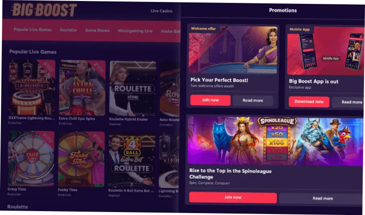 Big Boost Casino India promotions page as reviewed on Gambling.com